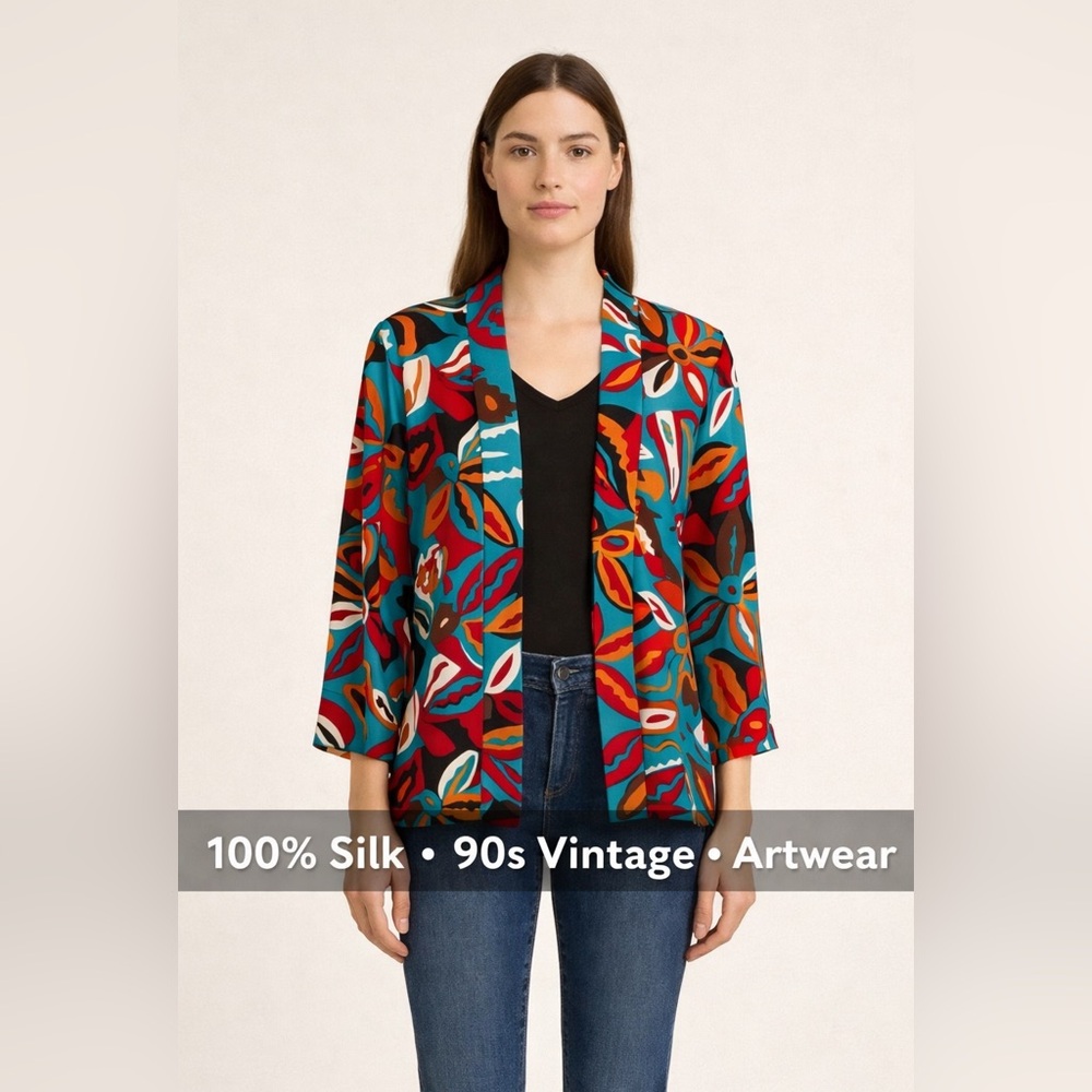 Vintage 90s Adam Douglass Silk Blazer Abstract Floral Boho Statement Jacket